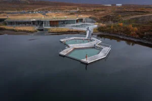 Aerial view of the floating geothermal pools at Vök Baths