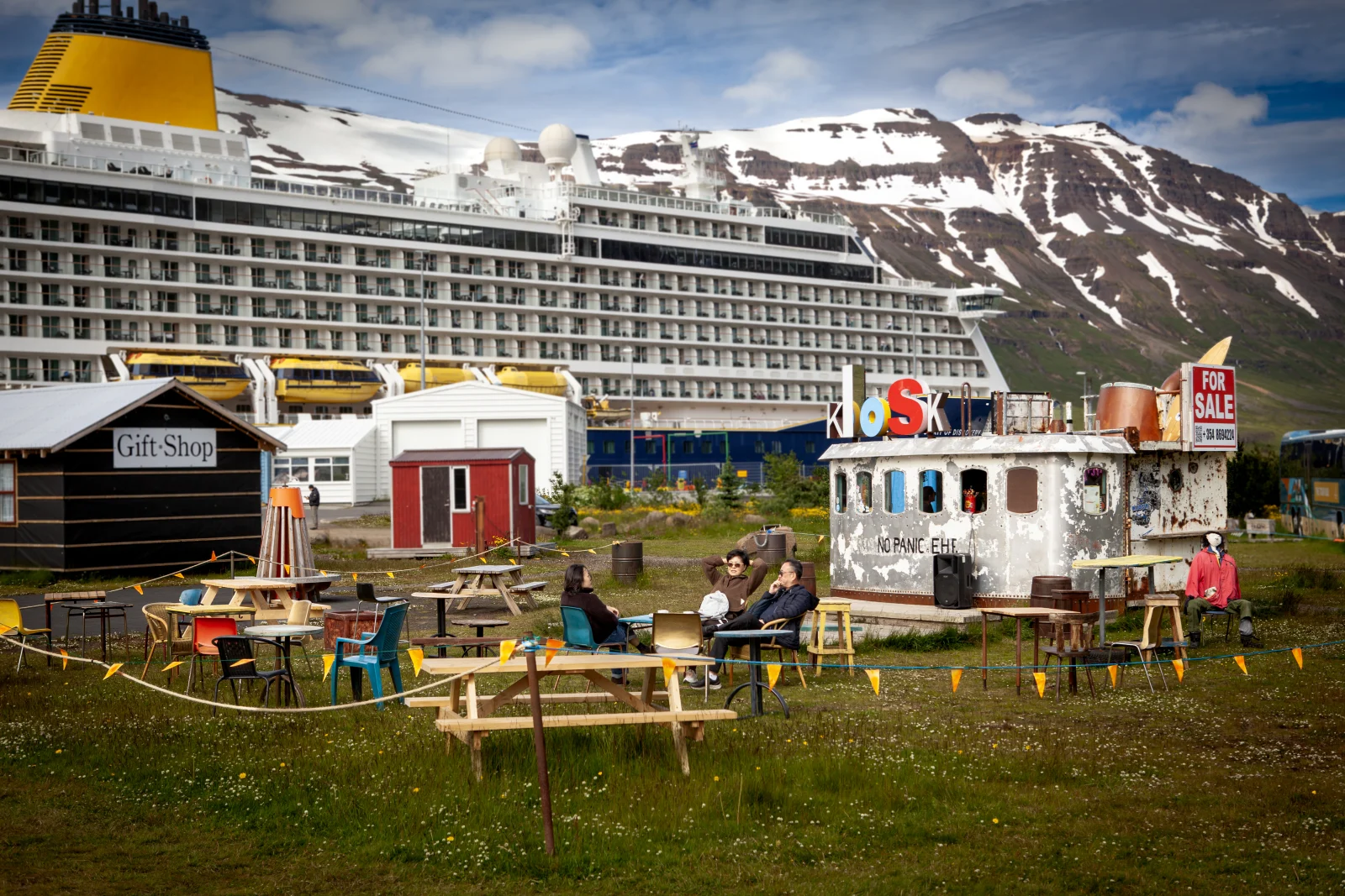People relaxing beside the harbour with a visiting ship and mountains behind them