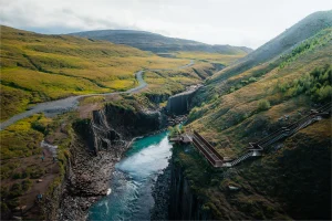 View over Stuðlagil Canyon and the west-side stairs and viewing platform